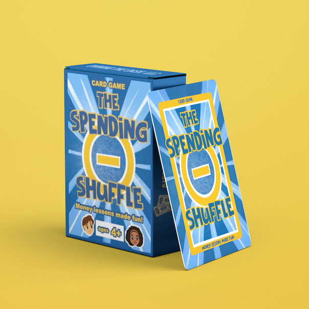 The Spending Shuffle card game. Shows the blue and yellow box and one game card. It's on a mustard yellow background